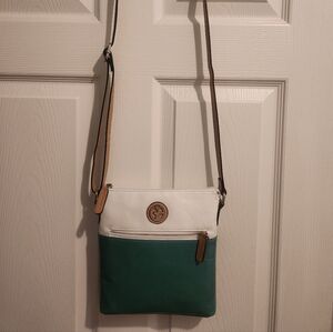 Giani Bernini Glazed Leather Crossbody Purse Teal and White